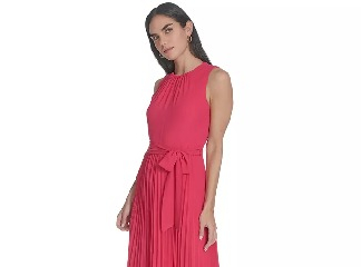 Women's Belted Pleated Chiffon Midi Dress